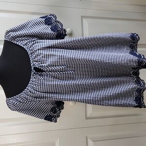 Vintage Fashion Bug Blue & White Gingham Plaid Top Size 1X Floral Lace Cottage